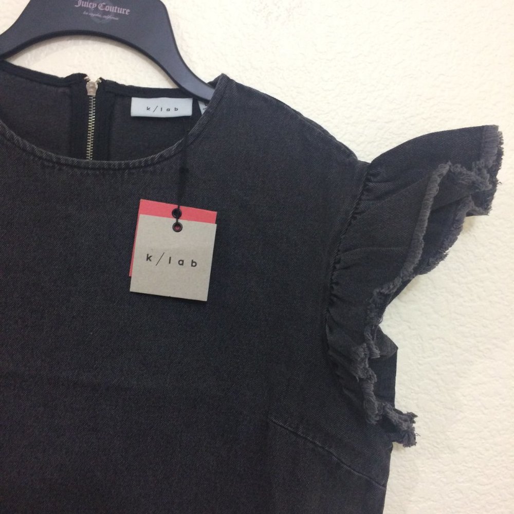 K/LAB Ruffle Sleeve Top Washed Out Black Denim NWT - Picture 2 of 10